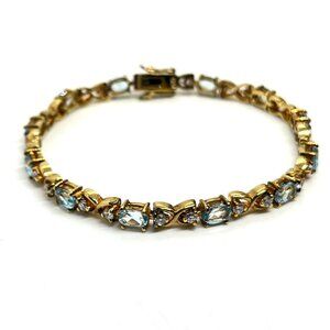 VINTAGE DBJ 925 VERMEIL BLUE TOPAZ CZ TENNIS BRACELET GOLD STERLING SILVER 7”